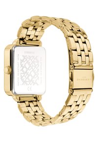 Goldener Edelstahl-Armbanduhr mit rechteckigem Zifferblatt, einem gemusterten Gehäuseboden, wasserdicht und mit einem Gliederarmband-Design.