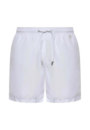 Short de bain blanc avec taille élastique et cordon blanc avec embouts métalliques, vue de face sur fond uni.