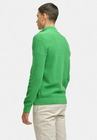 Grönstickad tröja med ribbad textur, hög krage och långa ärmar, i kombination med ljusbeiga byxor. Bakifrån.