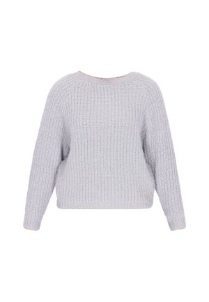Maglione grigio chiaro lavorato a maglia con scollatura rotonda, maniche lunghe e vestibilità morbida. Tessuto a coste e sottile motivo orizzontale.
