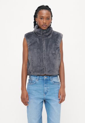 Grijze nepbont gilet met een hoge kraag en ritssluiting aan de voorkant. Het ontwerp is mouwloos, met een iets cropped snit en een zachte textuur.
