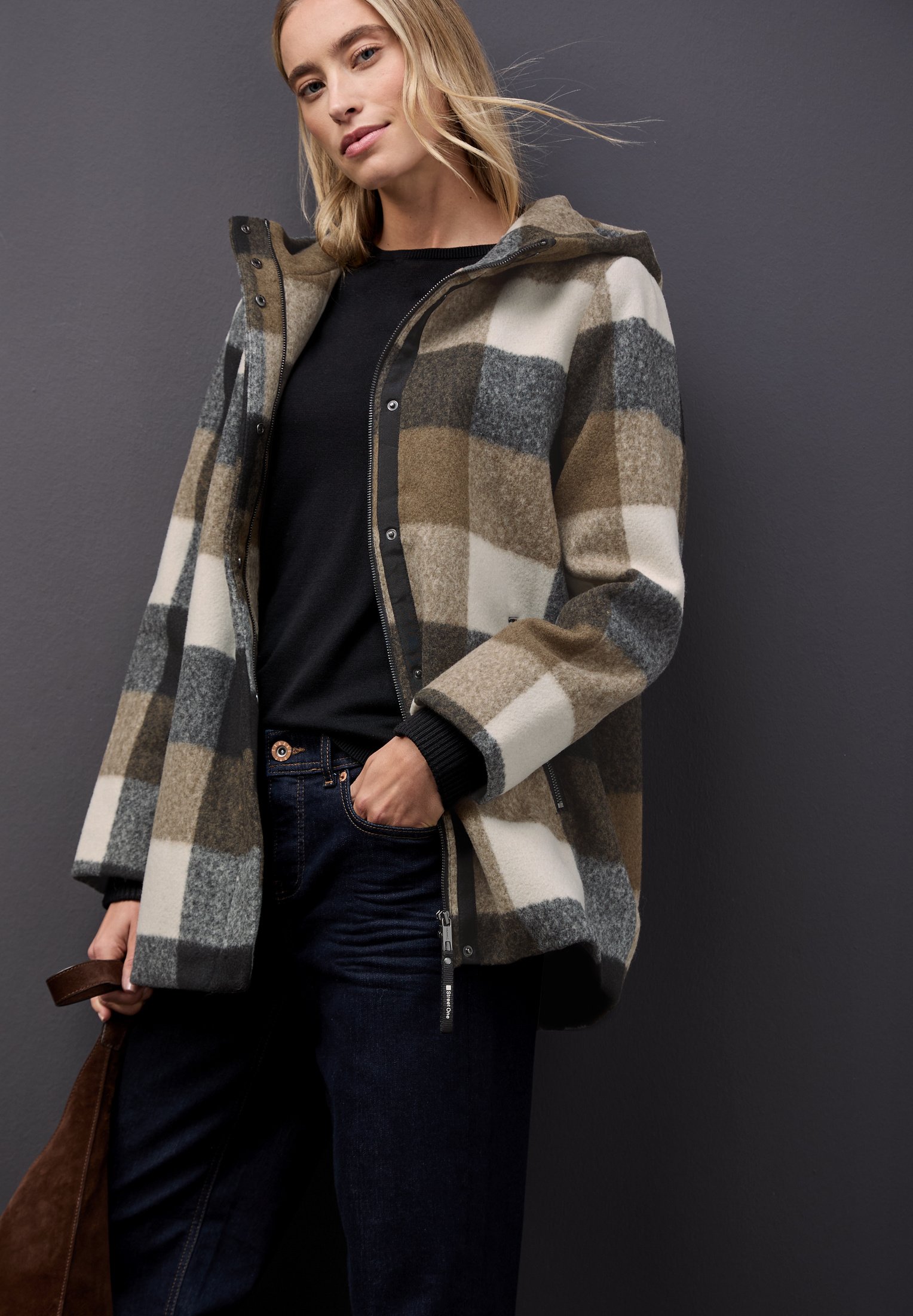 Street One CHECK - Short coat - black - Zalando