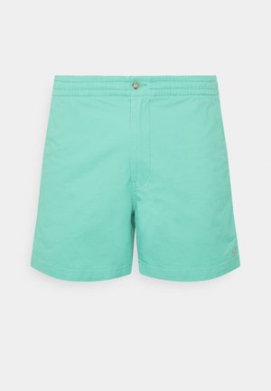 Licht turquoise zwembroek voor heren met elastische tailleband en knoopsluiting, plat weergegeven tegen een effen achtergrond.
