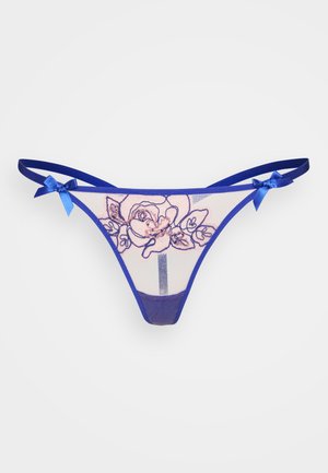 String bleu en mesh avec broderie florale, doté de bretelles en satin et de nœuds, devant semi-transparent et taille bleue unie.