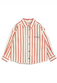 Biała koszula z długim rękawem w czerwone pionowe paski, z zielonymi guzikami, kieszonką na piersi oraz wyszywanym napisem "M. Rodini" na kieszeni.