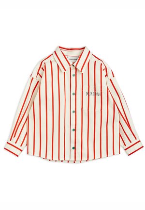 Chemise blanche à manches longues avec des rayures verticales rouges, des boutons verts, une poche poitrine et "M. Rodini" brodé sur la poche.