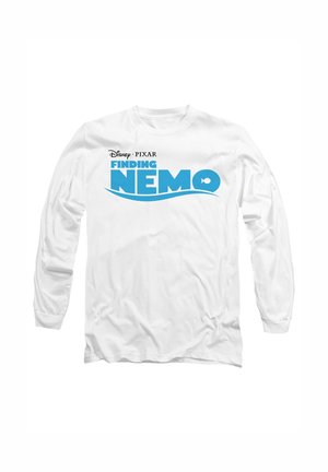 Long-sleeve white t-shirt with blue "FINDING NEMO" text and wave graphic, featuring a round neck and soft cotton fabric.