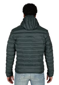 Uomo che indossa un giubbotto trapuntato verde scuro con cappuccio, di spalle, abbinato a jeans di denim azzurro chiaro.