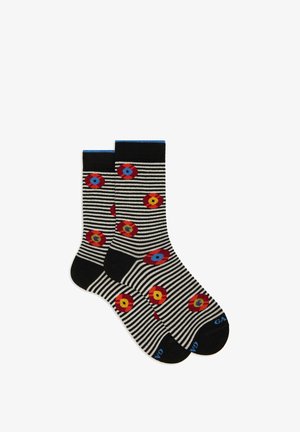 Black and white striped socks featuring colorful floral patterns in red, blue, and yellow. Blue accent on the top. Soft texture.