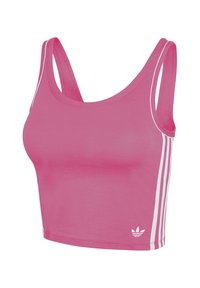 Różowy crop top wykonany z miękkiego materiału. Posiada szerokie ramiączka oraz kontrastowe białe pionowe paski po bokach. Małe logo na dole.