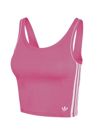 Różowy crop top wykonany z miękkiego materiału. Posiada szerokie ramiączka oraz kontrastowe białe pionowe paski po bokach. Małe logo na dole.