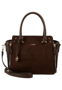 Sac à main en cuir marron foncé avec double anses, fermetures éclair dorées sur les côtés, bandoulière amovible et logo "L.CREDI" sur le devant.