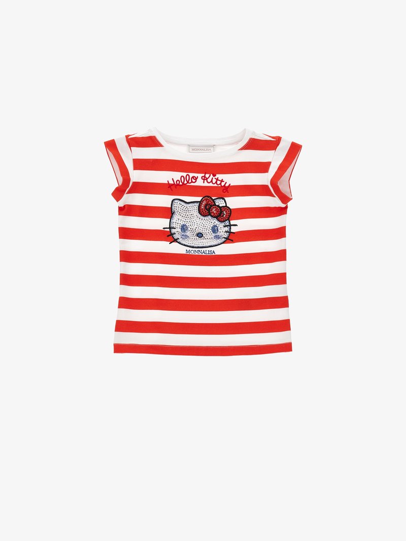 Κόκκινο και λευκό ριγέ κοντομάνικο πουκάμισο με παγιετένια φιγούρα Hello Kitty και κόκκινο κείμενο "Hello Kitty" πάνω από τη φιγούρα, καθώς και το κείμενο "Monnalisa" κάτω από αυτή.