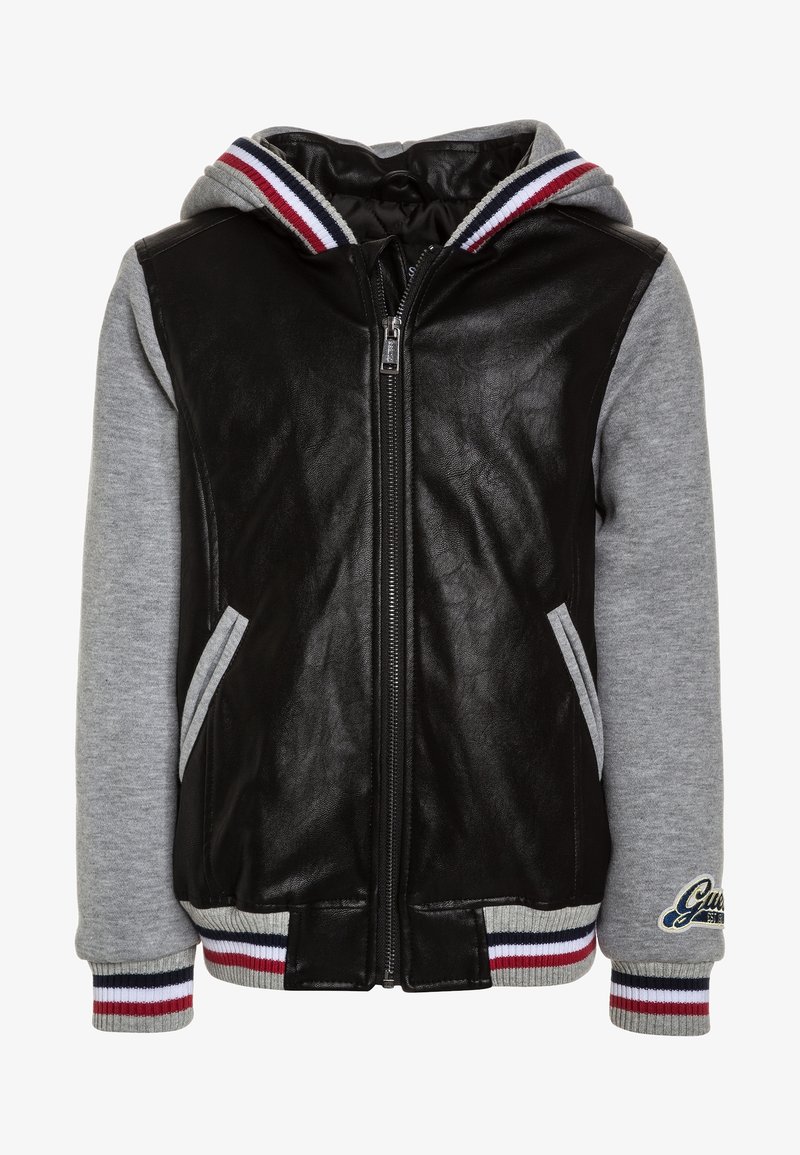 Sort kunstlæder og gråt stof zip-up hættejakke med stribede ribbede manchetter og kant, sidelommer og broderet logo på ærmet.