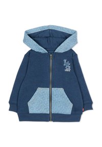 Felpa con cappuccio blu navy con cerniera, cappuccio e tasche con motivo azzurro. Presenta un logo sul petto e polsini a coste. Tessuto dalla texture morbida.