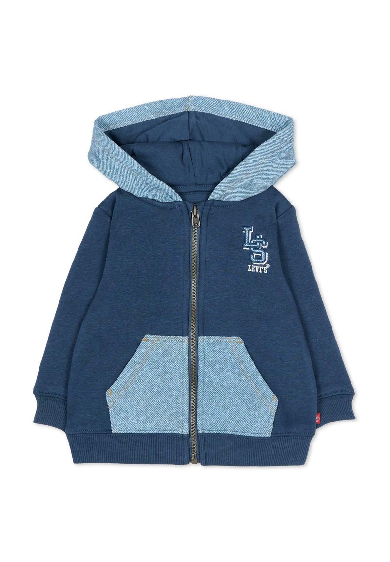 Felpa con cappuccio blu navy con cerniera, cappuccio e tasche con motivo azzurro. Presenta un logo sul petto e polsini a coste. Tessuto dalla texture morbida.