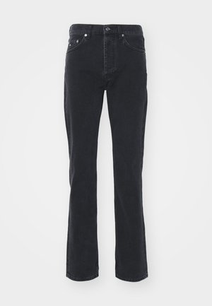 Zwarte denim jeans met een rechte pijpdesign, voorzien van vijf zakken en een knoopsluiting. De stof heeft een subtiele textuur en stevige afwerking.