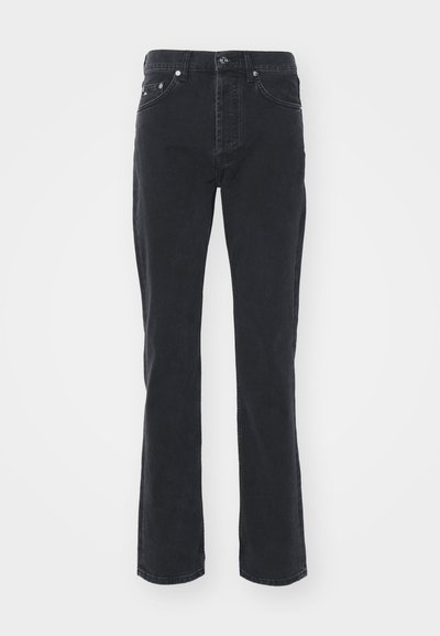 Black denim jeans with a straight leg design, featuring five pockets and a button closure. The fabric has a subtle texture and sturdy finish.