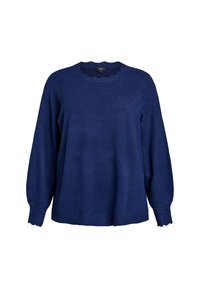 Dark blue sweater with a textured finish, scalloped neckline, and long sleeves. Soft fabric and a relaxed fit.