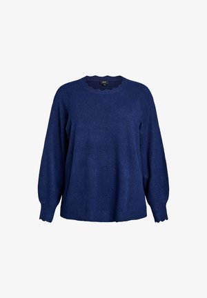 Dunkelblauer Pullover mit strukturiertem Finish, gewelltem Rundhalsausschnitt und langen Ärmeln. Weicher Stoff und lockere Passform.