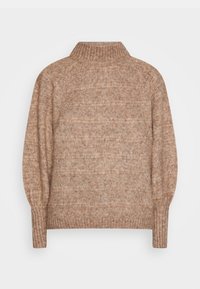 Pull en tricot de couleur brun clair, présentant un col montant et des manches bouffantes, avec une finition côtelée texturée.