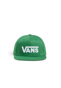 Cappellino snapback verde con visiera piatta e logo "VANS" ricamato in bianco sulla parte anteriore. Realizzato in tessuto con una finitura testurizzata.
