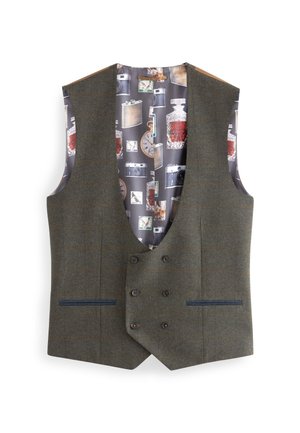 Gilet en laine gris avec une finition texturée, doté d'un devant croisé, d'accents bleus et d'une doublure à motifs mettant en valeur des objets vintage.