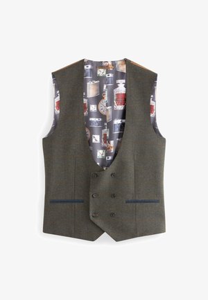 Graues Wollweste mit strukturierter Oberfläche, mit doppelreihigem Vorderteil, blauen Akzenten und einem gemusterten Innenfutter, das Vintage-Artikel präsentiert.