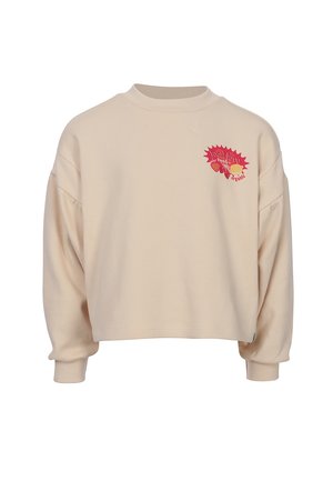 Beige cropped sweatshirt met lange mouwen en een kleine rode afbeelding op de borst met de tekst "local love, organic" en fruitillustraties.
