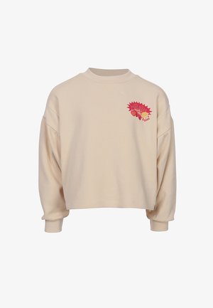 Beige cropped sweatshirt met lange mouwen en een kleine rode afbeelding op de borst met de tekst "local love, organic" en fruitillustraties.