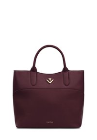 Burgunderfarbene Handtasche aus glattem Leder mit goldfarbenen Beschlägen. Verfügt über doppelte Griffe und ein Logo-Detail auf der Vorderseite.