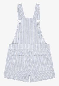 Gestreifte Jeans-Latzhose in Blau und Weiß mit verstellbaren Trägern, zwei Fronttaschen und legerem Schnitt, mit leichter Textur.