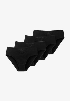 Black cotton briefs in a pack of four, featuring a textured waistband with an embossed logo, smooth fabric, and full coverage design.