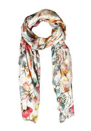 Sciarpa leggera con motivo floreale multicolore che presenta fiori arancioni, rosa, blu e gialli su sfondo bianco.