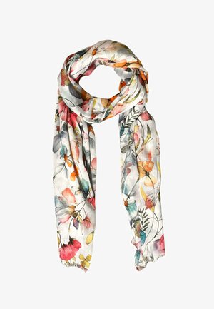 Sciarpa leggera con motivo floreale multicolore che presenta fiori arancioni, rosa, blu e gialli su sfondo bianco.