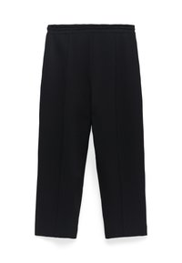 Zwarte wijde broek met een vlakke tailleband, voorzien van verticale naden en zonder zichtbare patronen of versieringen. Zacht materiaal, halflange lengte.