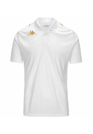 Polo shirt bianco a maniche corte realizzato in materiale leggero. Caratterizzato da dettagli ricamati in oro e un colletto classico. Texture liscia.