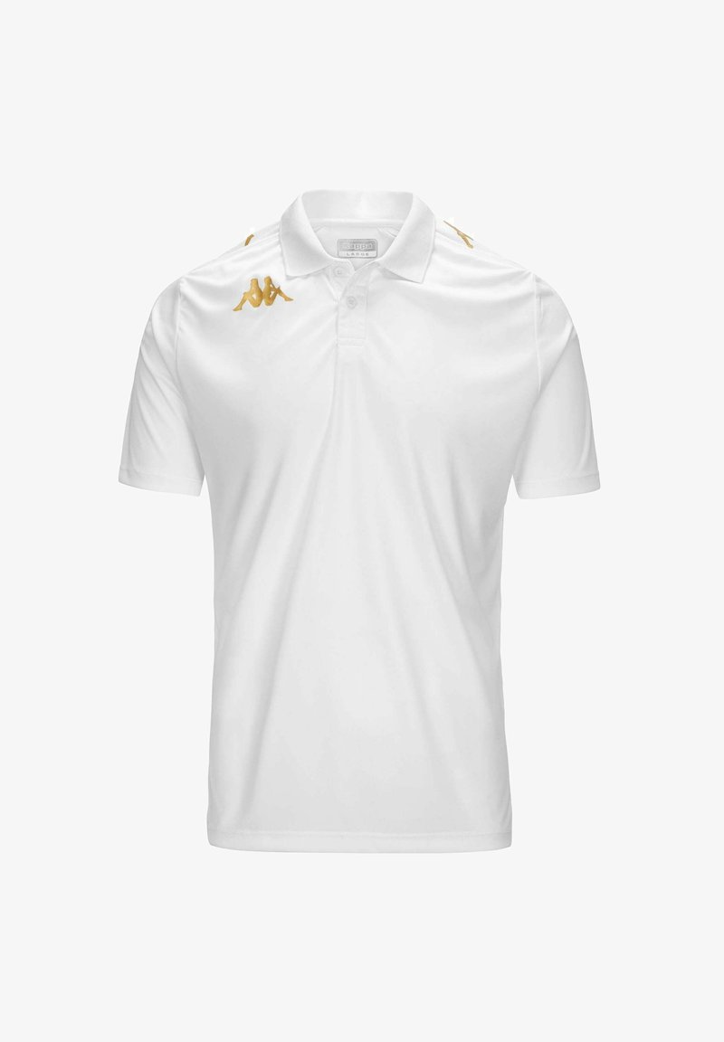 Polo shirt blanc à manches courtes en matériau léger. Présente un détail en broderie dorée et un col classique. Texture lisse.