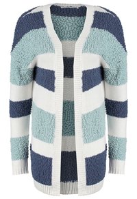 Cardigan tricoté à ouverture frontale, aux rayures multicolores bleu marine, bleu clair et blanc. Tissu texturé avec des motifs variés.
