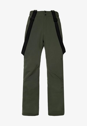 Olijfgroene skibroek met een gladde textuur, verstelbare zwarte bretels, knoopsluiting en brede, rechte pijpen.