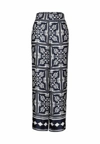 Zwart-wit gestreepte rok met een elastische tailleband. Heeft geometrische en bloemmotieven op gladde stof, met een enkel-lange snit.