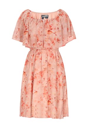 Abito stampato floreale in un morbido pesca, realizzato in un tessuto leggero e testurizzato. Presenta una vita arricciata e maniche corte a farfalla.