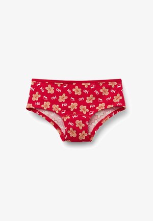 Biancheria intima rossa con un motivo di omini di pan di zenzero e la scritta "HO." Realizzata in tessuto morbido con un design confortevole.