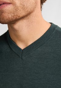 Suéter de cuello en V verde oscuro con un ribete en el cuello, hecho de un suave tejido de punto, que presenta una textura lisa y un minimalismo en los detalles.