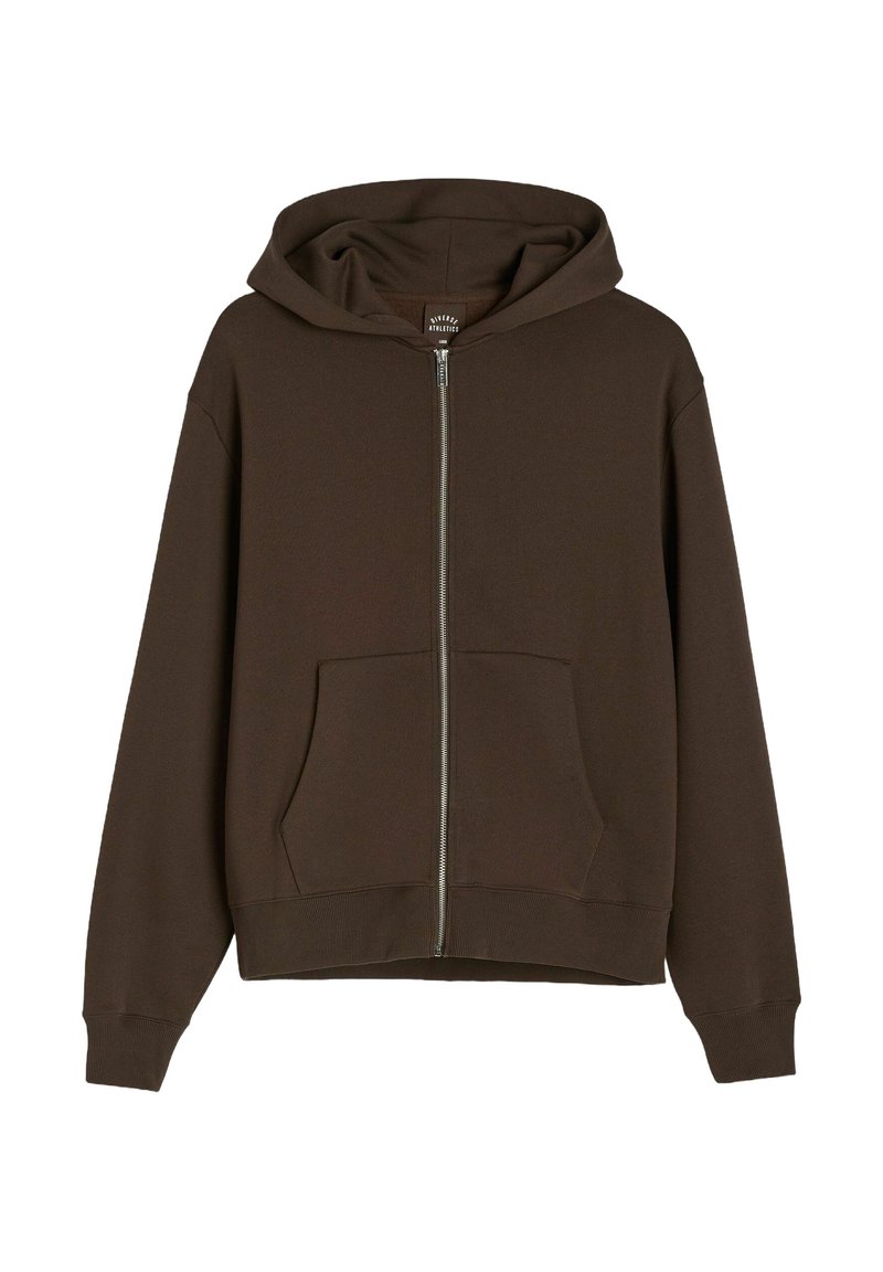 Brązowa bluza z kapturem na zamek, wykonana z mieszanki bawełny, z obszernym kapturem, przednimi kieszeniami, ściągaczami przy mankietach oraz luźnym krojem.