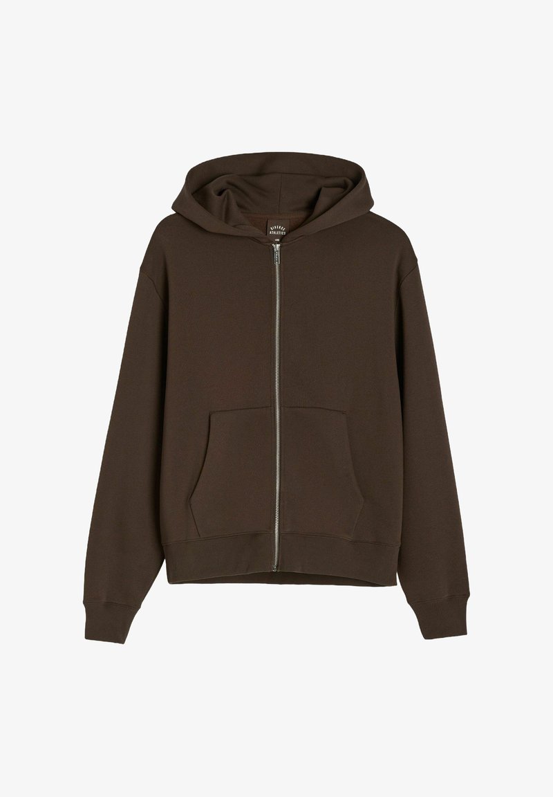 Brązowa bluza z kapturem na zamek, wykonana z mieszanki bawełny, z obszernym kapturem, przednimi kieszeniami, ściągaczami przy mankietach oraz luźnym krojem.