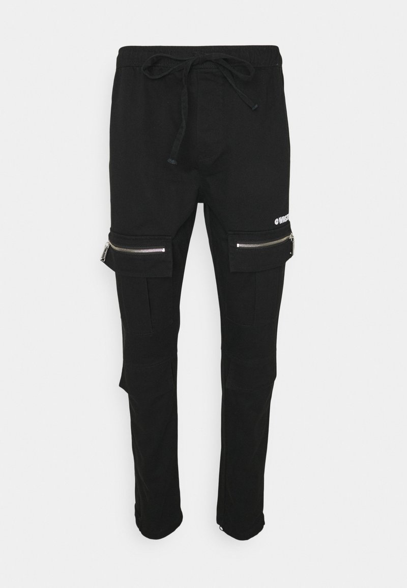 Pantaloni cargo neri in cotone con vita regolabile tramite cordoncino, dotati di tasche frontali con zip e design con bordo alla caviglia aderente.