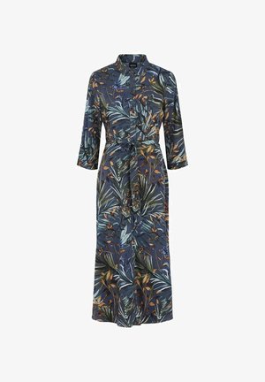 Tumma sininen mekko keskipitkällä helmalla, jossa vihreitä ja oransseja lehtikuvioita, pitkät hihat, kaulus ja solmittava vyötärönauha.