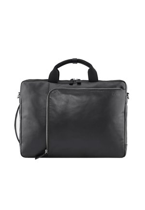 Schwarze Leder-Mappe mit gepolsterten Griffen, vorderer Reißverschlusstasche und zwei oberen Reißverschlussverschlüssen.