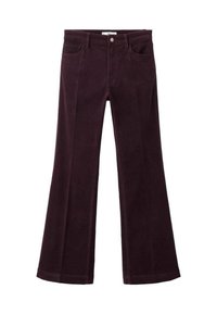 Pantaloni din catifea de tip cord cu talie înalt ă, nasture frontal, design cu cinci buzunare și picioare ușor evazate.